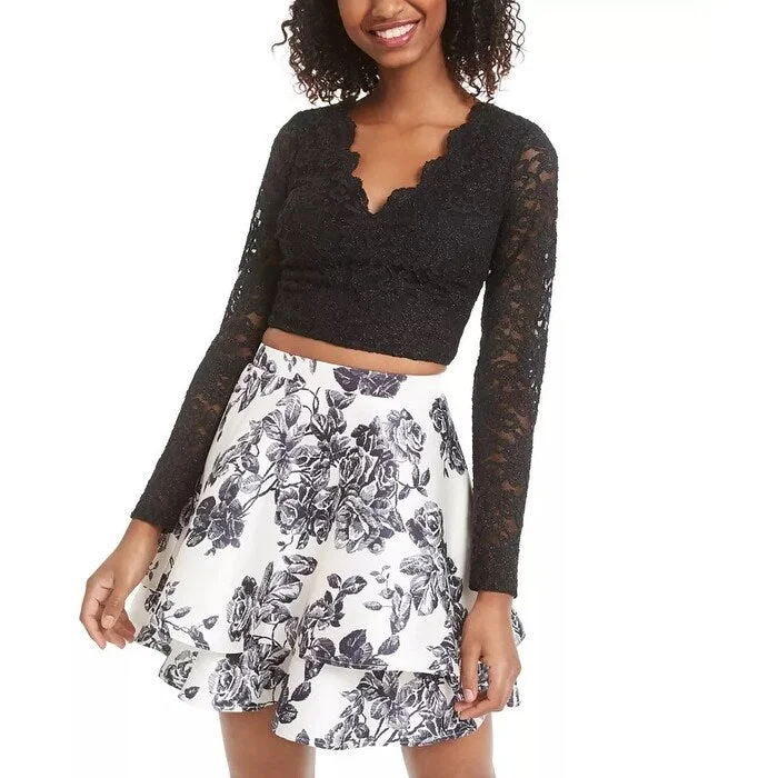 Soft And Comfortable City Studios Junior's 2 Pc Lace & Floral Print Dress Black Size 1