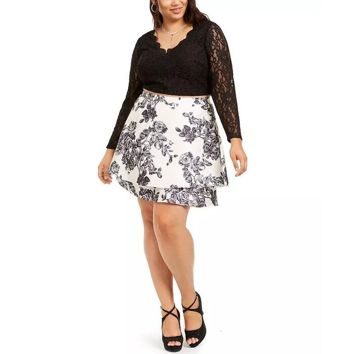 New Autumn And Winter Styles City Studios Women's Plus Glitter Lace & Floral Print Dress Black Size Petite Small - Petite Small