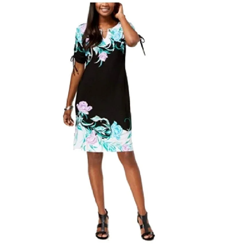 British Style JM Collection Women's Printed Ruched-Sleeve Dress Black Size Large
