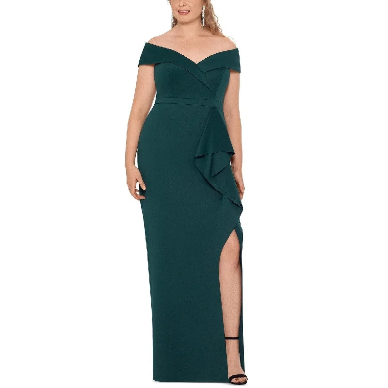 Exquisite Embroidery Xscape Women's Plus Size Ruffled Off-The-Shoulder Gown Green Size 16