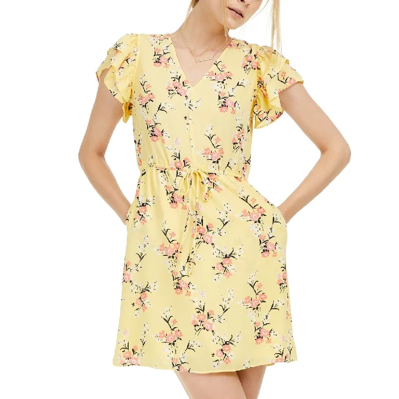 Feminine Charm Maison Jules Women's Floral-Print Flutter-Sleeve Dress Yellow Size Extra Large - X-Large