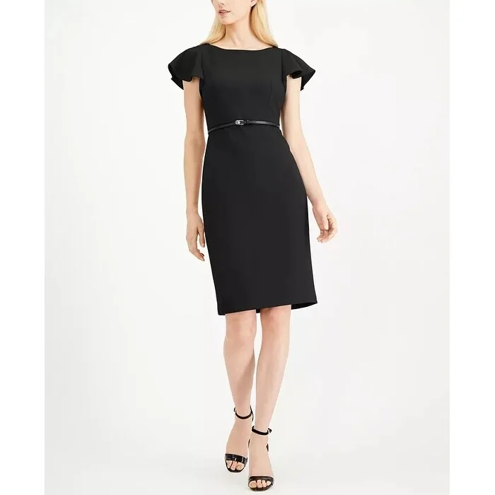 Minimal Classic Calvin Klein Women's Belted Ruffle Sleeve Sheath Dress Black Size 14
