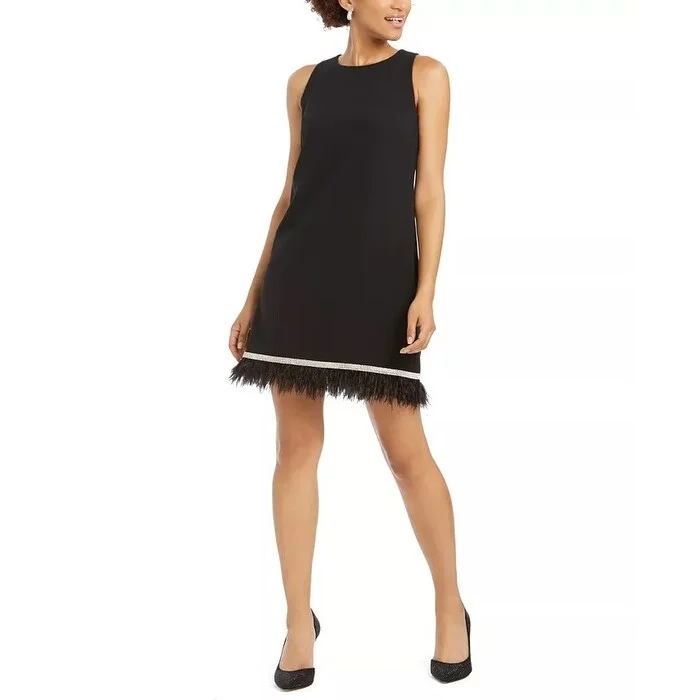Comfortable Fashion MSK Women's Embellished Feather-Trim Shift Dress Black Size Medium
