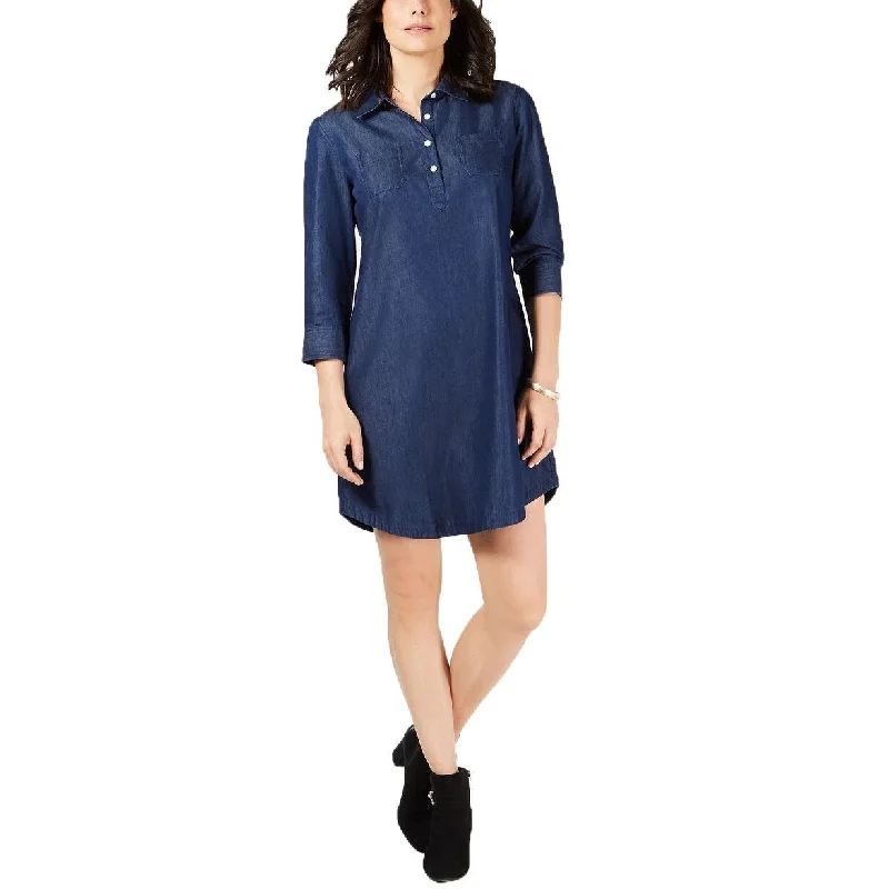 Fashion Selection Karen Scott Women's Petite Contrast-Trim Cotton Shirtdress Navy Size Large