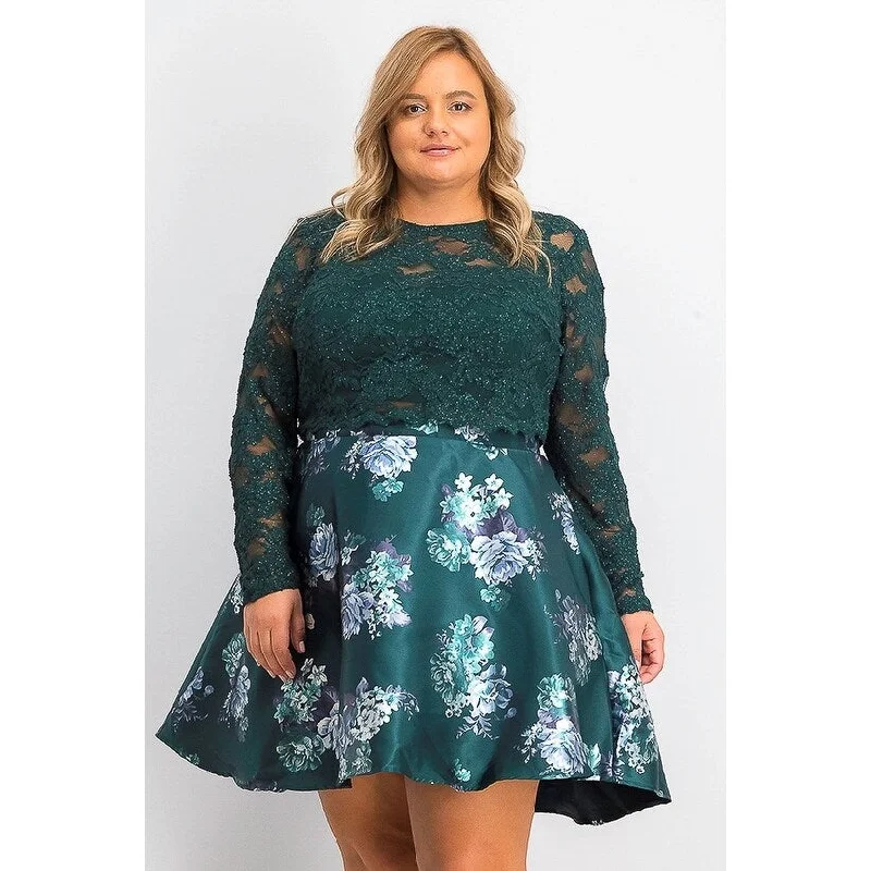 Elegant Design City Studios Women's Trendy Plus Size 2-Pc. Lace & Floral-Print Dress Dark Green Size 16W - 16