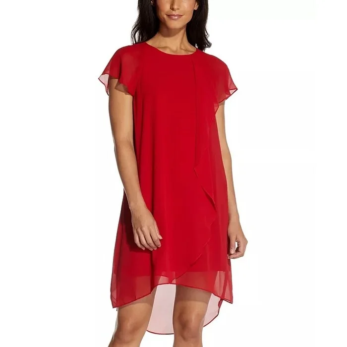 Fresh And Simple Adrianna Papell Women's Chiffon Ruffle-Front Shift Dress Red Size Large