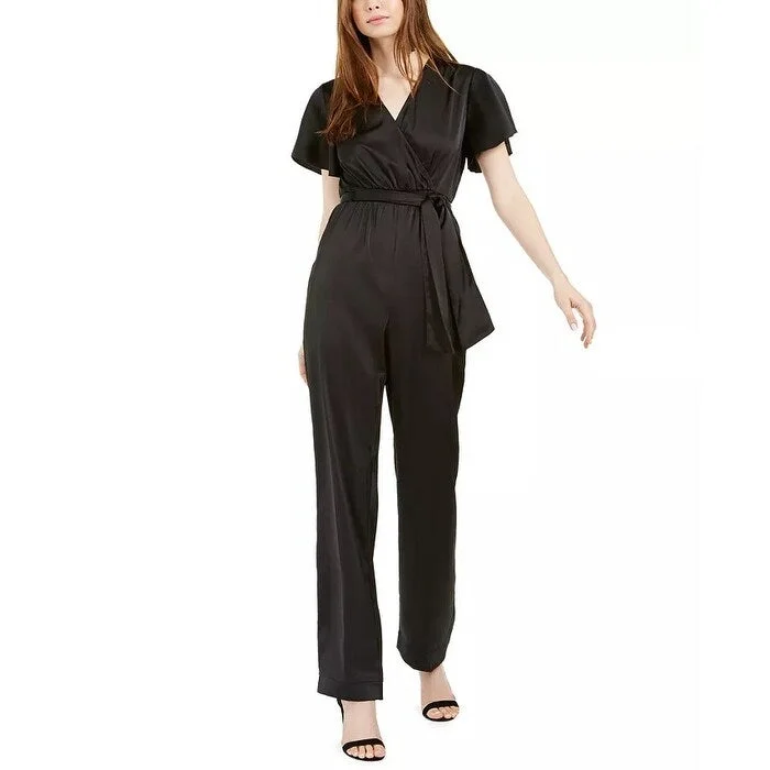 Double-sided Wear Kendall + Kylie Women's Faux Wrap Tie Waist Jumpsuit Black Size Large