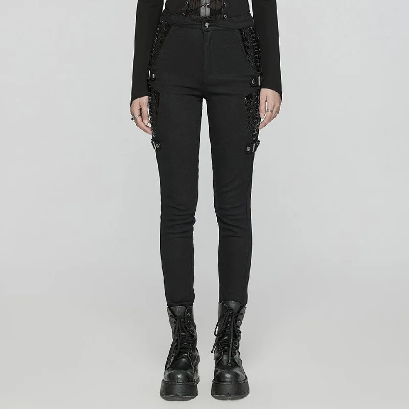 Street Vertical And Horizontal Design Women's Punk Skeleton Patent Leather Splice Pants