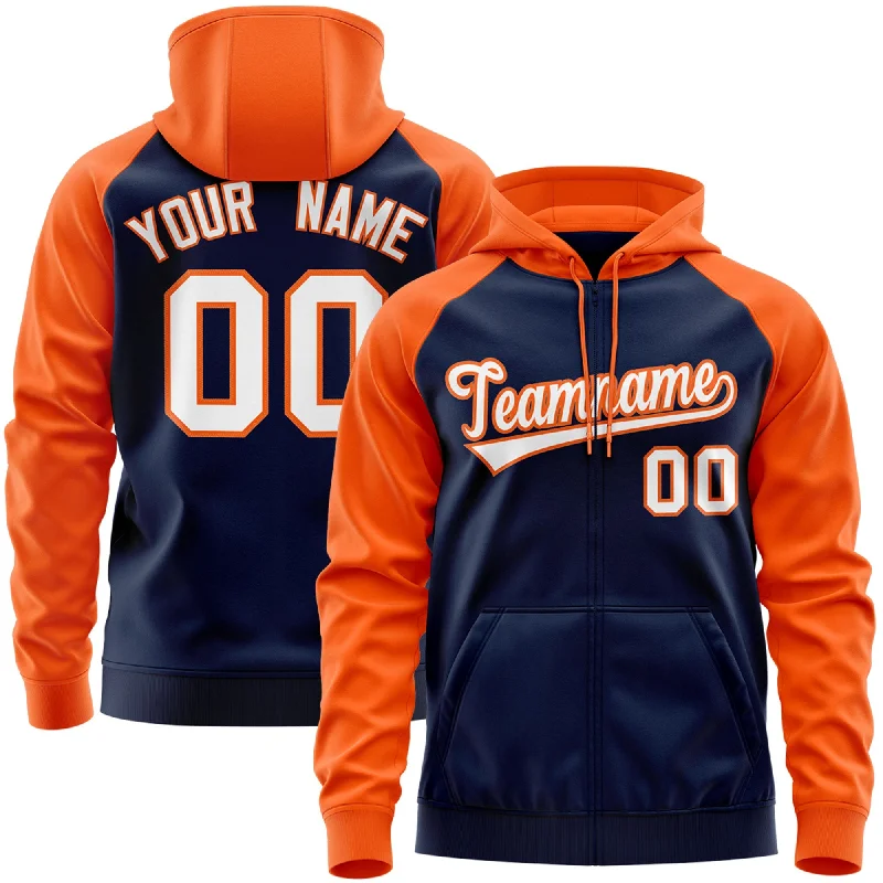 Fashionable and versatile Custom Stitched Navy White-Orange Raglan Sleeves Sports Full-Zip Sweatshirt Hoodie
