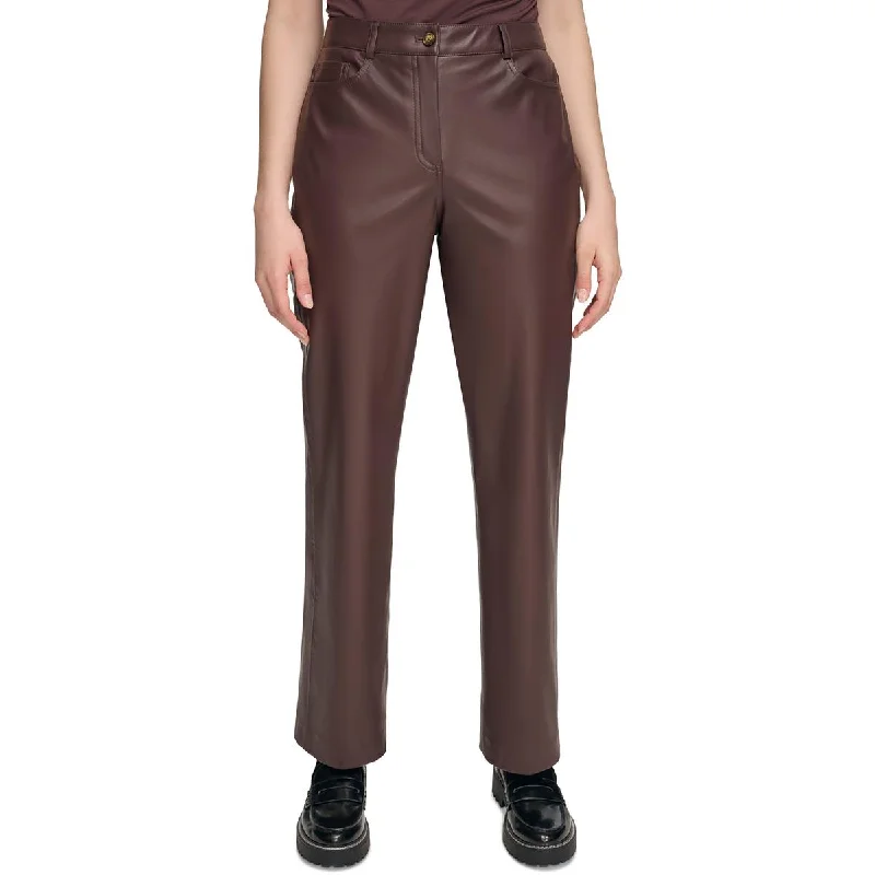 Slim Fit Calvin Klein Womens Solid Faux Leather Straight Leg Pants