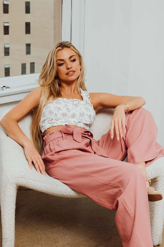 Retro Style SELF TIE PAPERBAG WIDE LEG PANT - SUNKISS MAUVE
