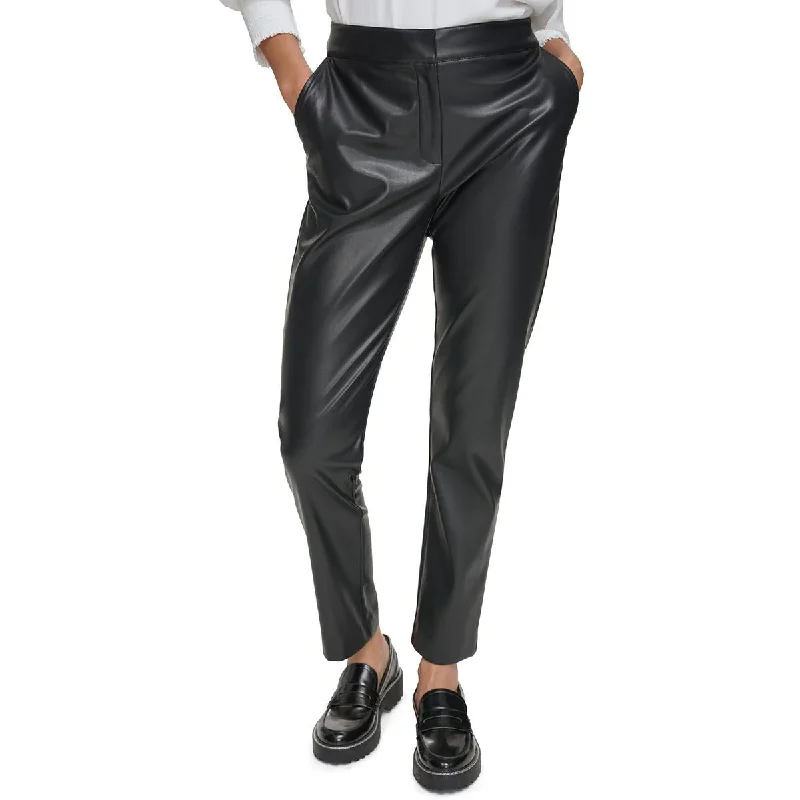 Sports suit style Calvin Klein Womens Petites Solid Faux Leather Ankle Pants