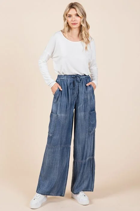 Affordable selection Washed Chambray Elastic Waist Cargo Wide Leg Pants