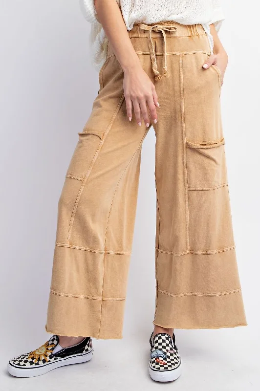High waist design Camel Mineral Washed Terry Knit Pants