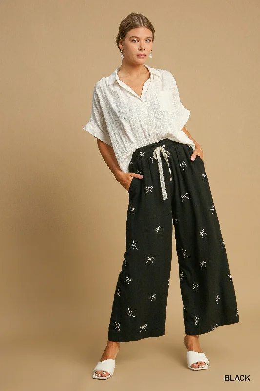 Sports Tights Black Linen Blend Pants w/ Ecru Embroidered Bows