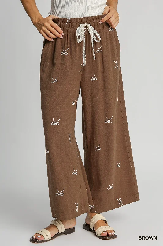 Sports Fitness Style Brown Linen Blend Pants w/ Ecru Embroidered Bows