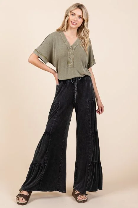 Everyday Style Black Mineral Wash Tiered  Boho Wide Leg Pants