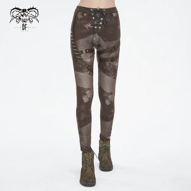 Elegant And Lazy Women's Punk Tie-dyed Buckle Lace-Up Leggings Coffee