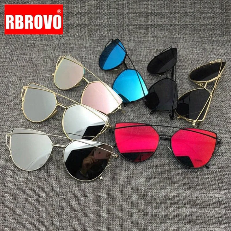 Exquisite Details RBROVO 2020 Brand Designer Cat Eye Sunglasses Women Vintage Metal Reflective Glasses For Women Mirror Retro Oculos De Sol Gafas