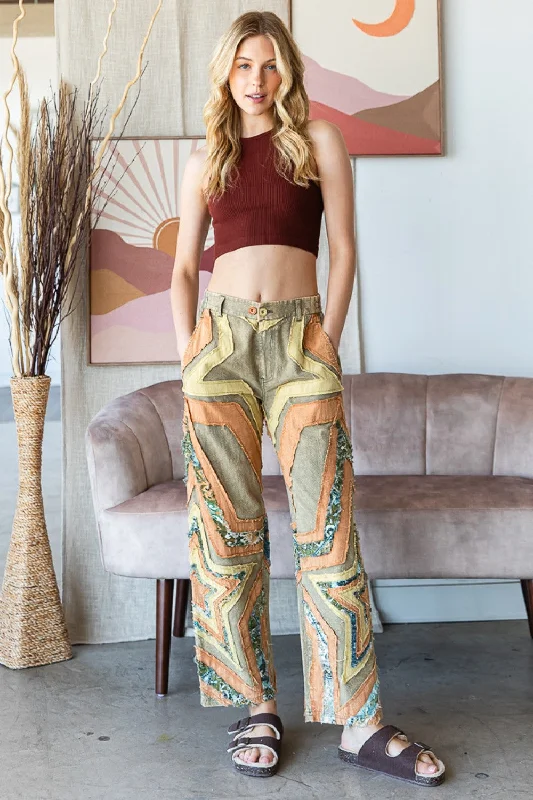 Retro Lace Fabric Sage & Pumpkin Washed Star Patched Pants