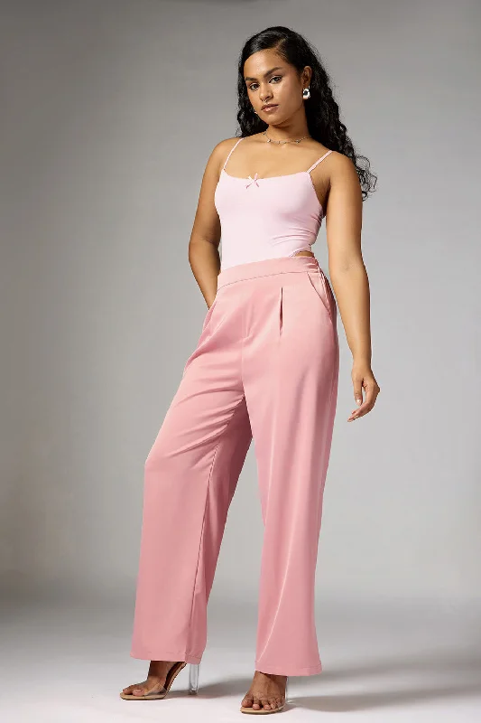Elegant And Elegant Quartz Pink Satin Straight Korean Pants