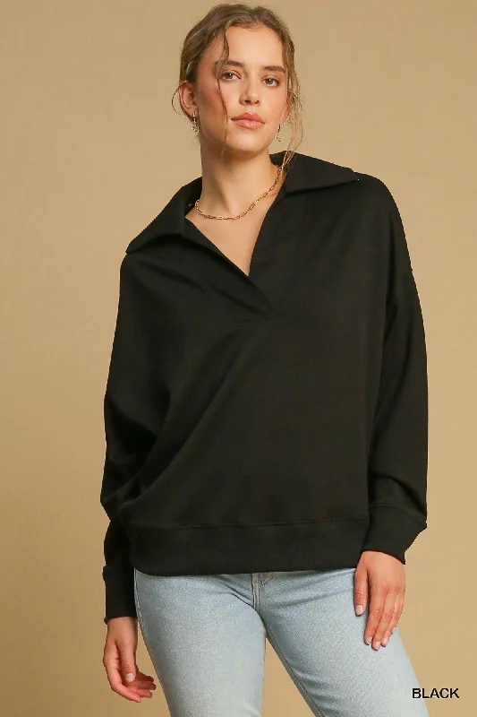 Comfortable Fashion Black Luxe Knit Collared Neck Top