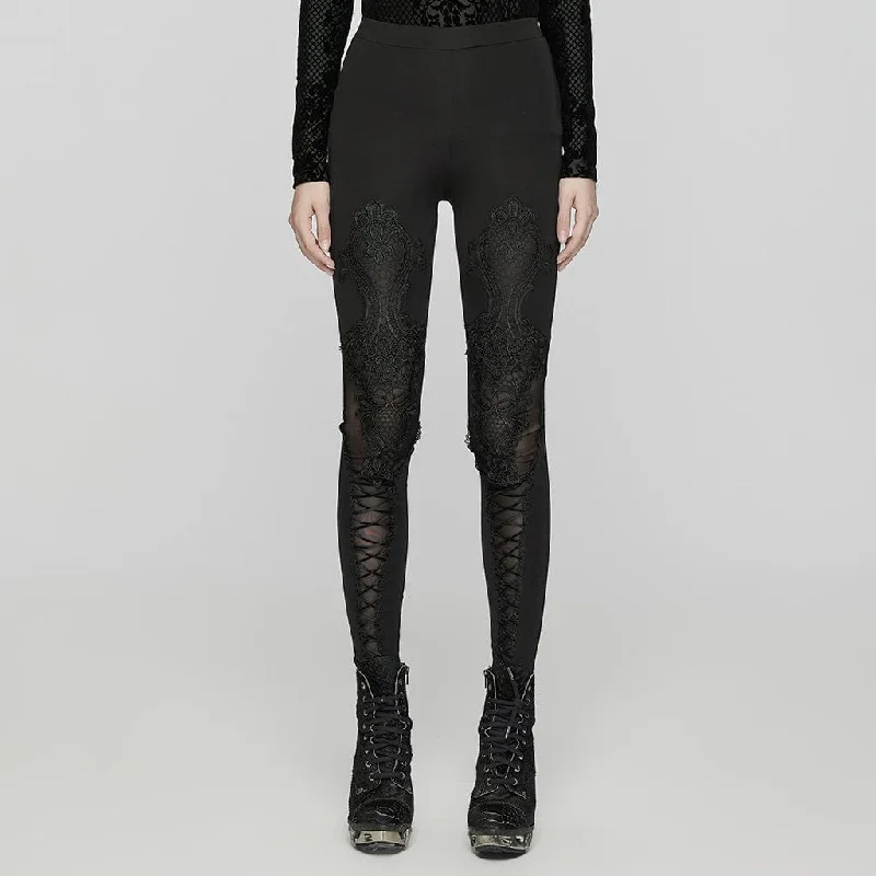 Black And White Style Women's Gothic Floral Embroidered Lace-up Leggings