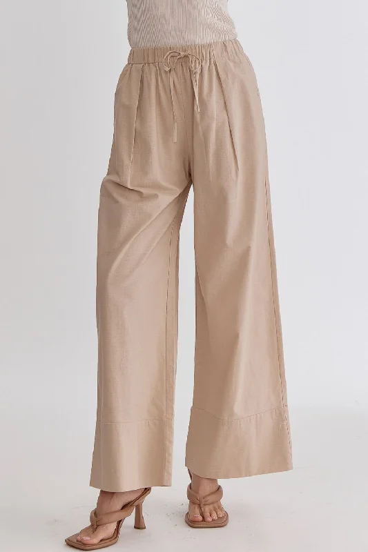 Sports Zipper Style Solid High-Waisted Wide-Leg Linen Pants