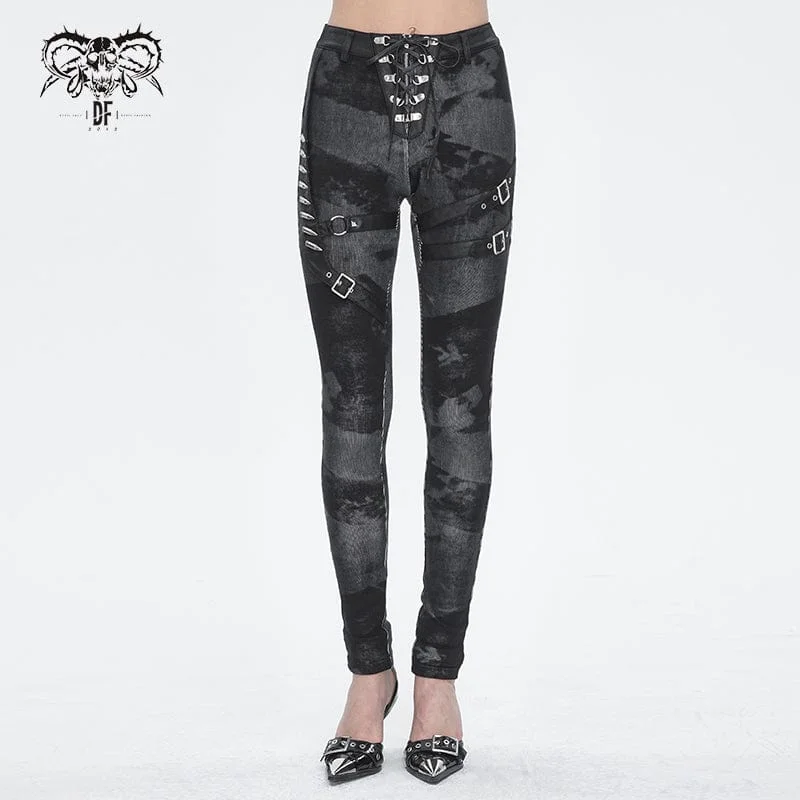 Comfortable down Women's Punk Tie-dyed Buckle Lace-Up Leggings Black
