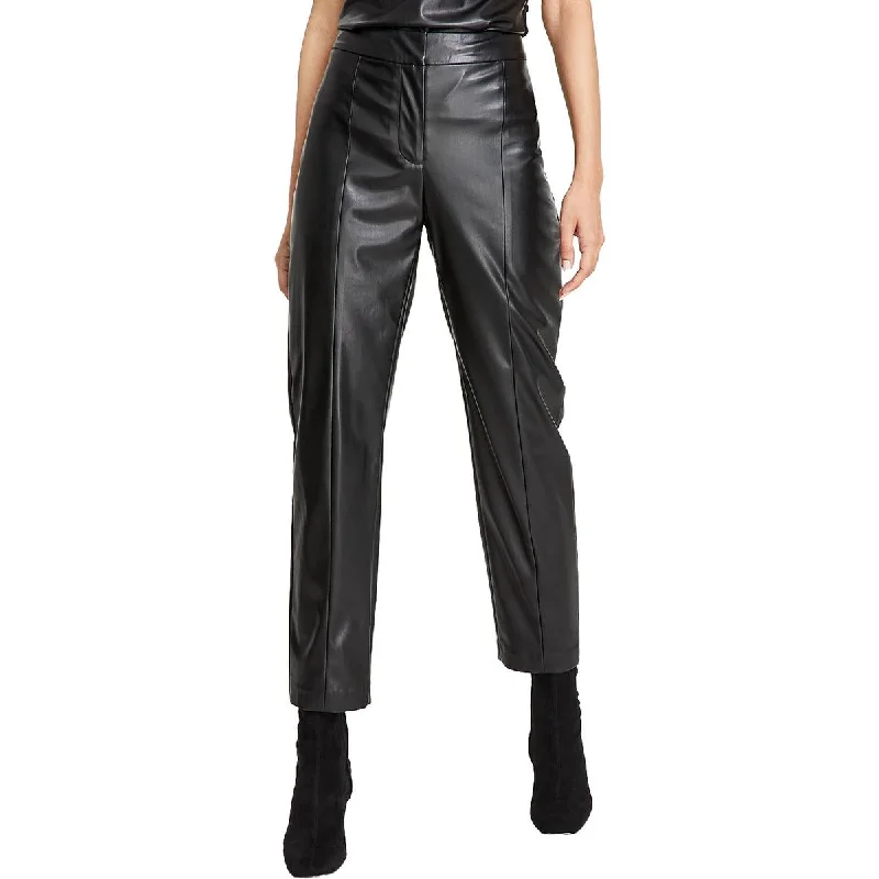 Letter embroidery DKNY Womens Solid Faux Leather Skinny Pants