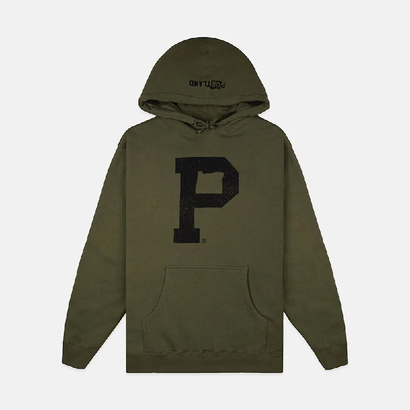 Sports Functional Style Soft-Blend "P" Hoodie - Olive