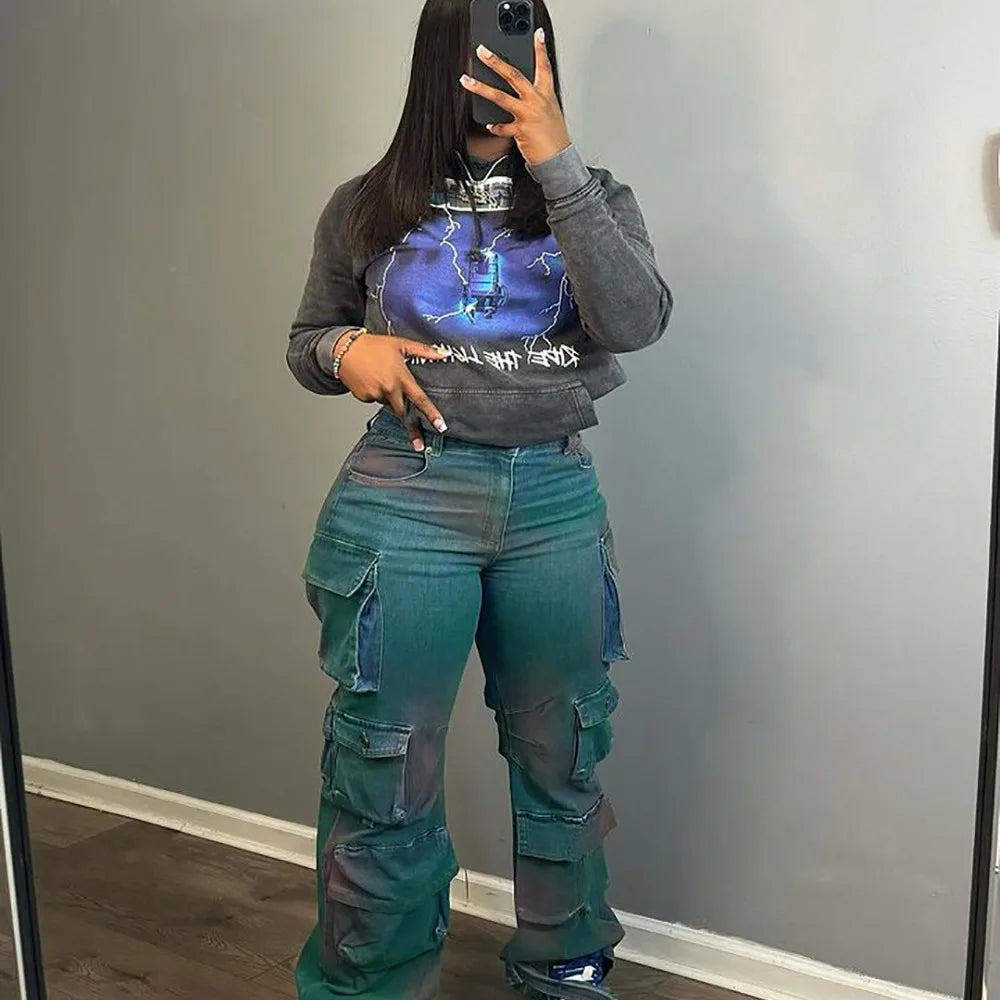 Trendy Looks Women's High-Waisted Cargo Patchwork Denim Jeans