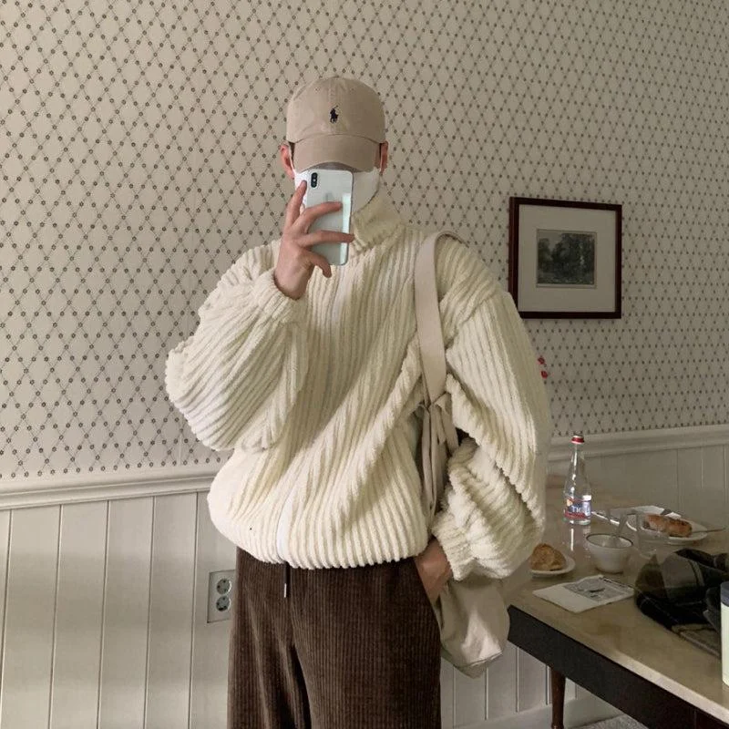 Exclusive Customization Pleated Striped Corduroy Jacket