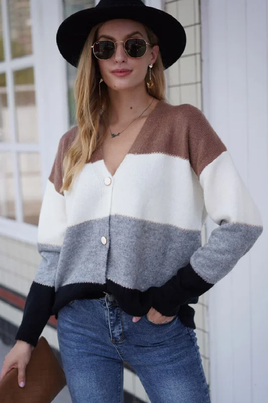 Fashionable and versatile Color Block V-Neck Button Down Cardigan