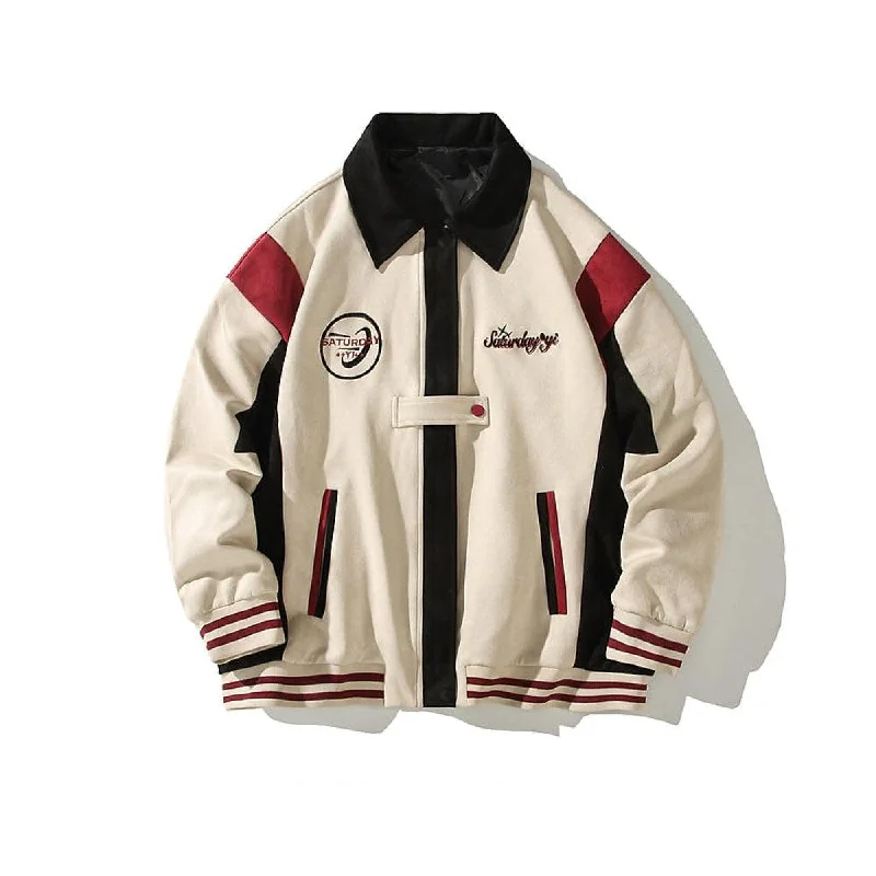 Personalized Design Retro Color Block Embroidered Suede Jacket