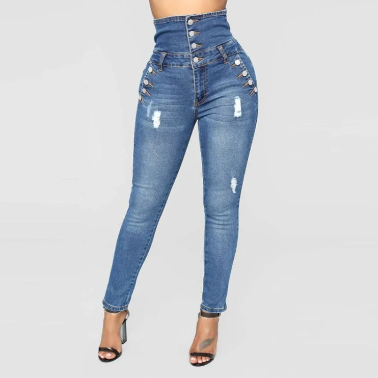 Basic Comfort High-Waisted Four-Breasted Stretch-Fit Denim Trousers Wholesale Womens Clothing N3823120600150