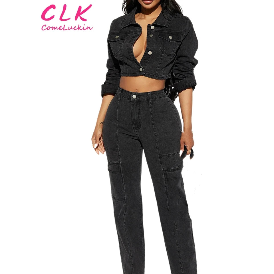 Street Fashion Style 2023 Autumn Casual Long Sleeves Denim Jacket And Long Pants Fashion Streetwear Two Piece Set For Women