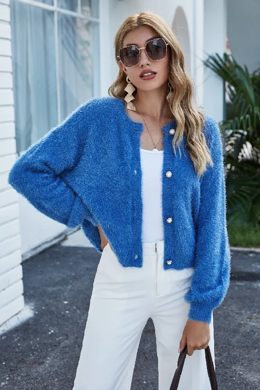 Casual Chic Wear Round Neck Dropped Shoulder Fuzzy Cardigan