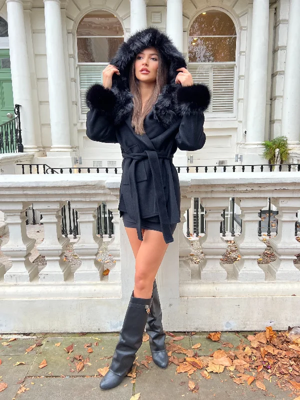 Must-have For Fashion Black/Black Cashmere Coat With Faux Fur Trim
