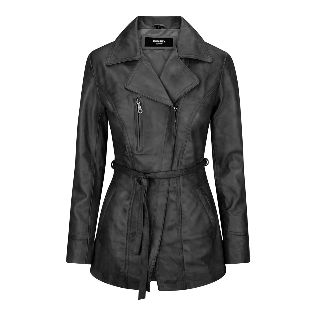Spring Fashion Women's Soft Italian Black Leather Mid Length Jacket