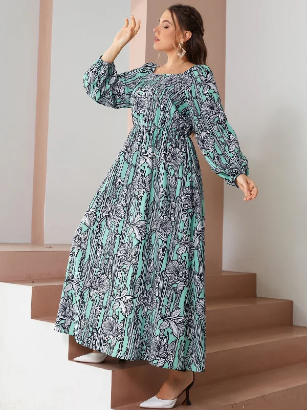 Basic Version Elegant Floral Long Sleeve Square Neck Flared High Waist Long Plus Size Dress