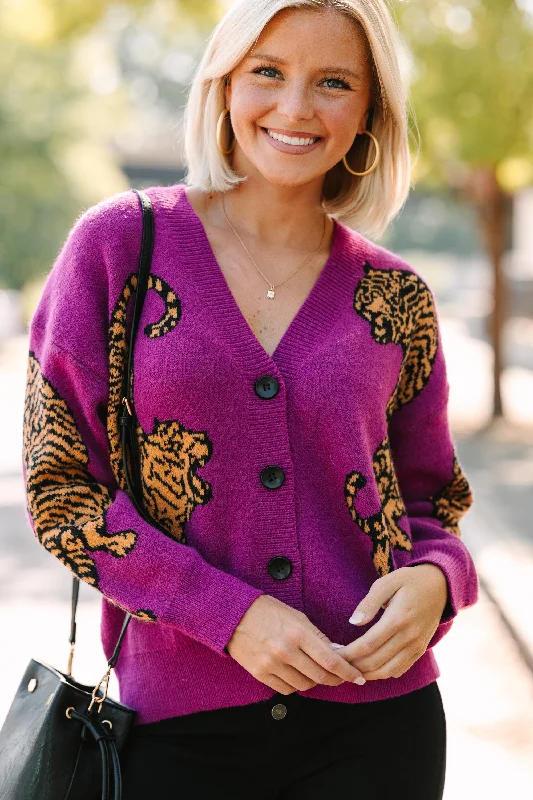 High waist design Born To Be Wild Plum Purple Tiger Cardigan