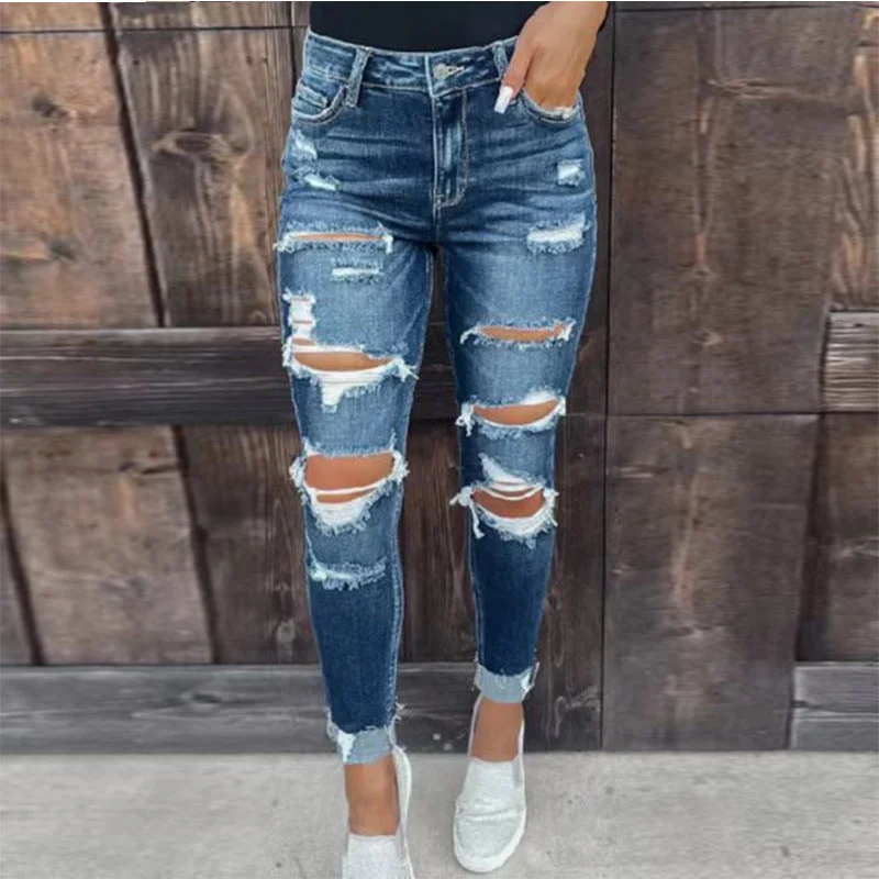 Alice style Fashion Stretch Hole Denim Small Foot Pants Wholesale Womens Clothing