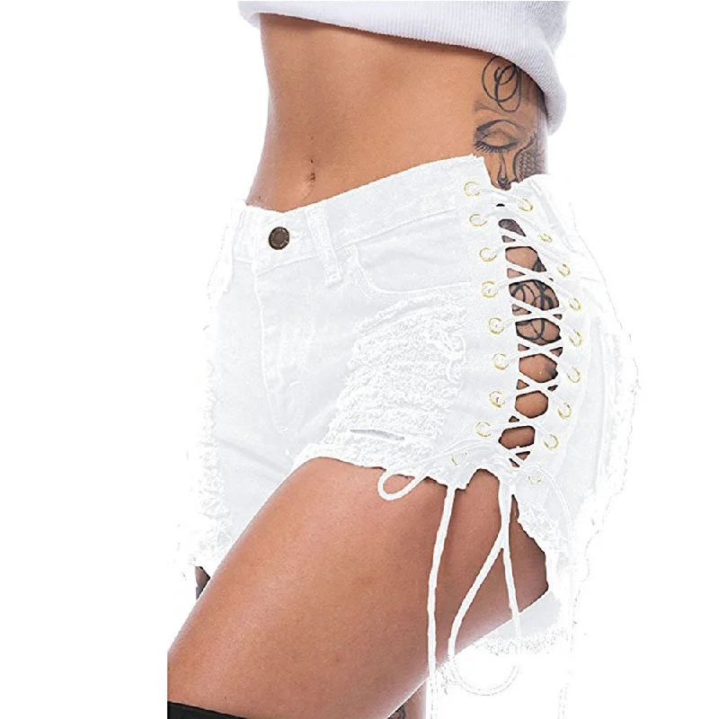 Comfortable Looks Lace-Up Ripped Denim Shorts Wholesale Womens Clothing N3823090500038