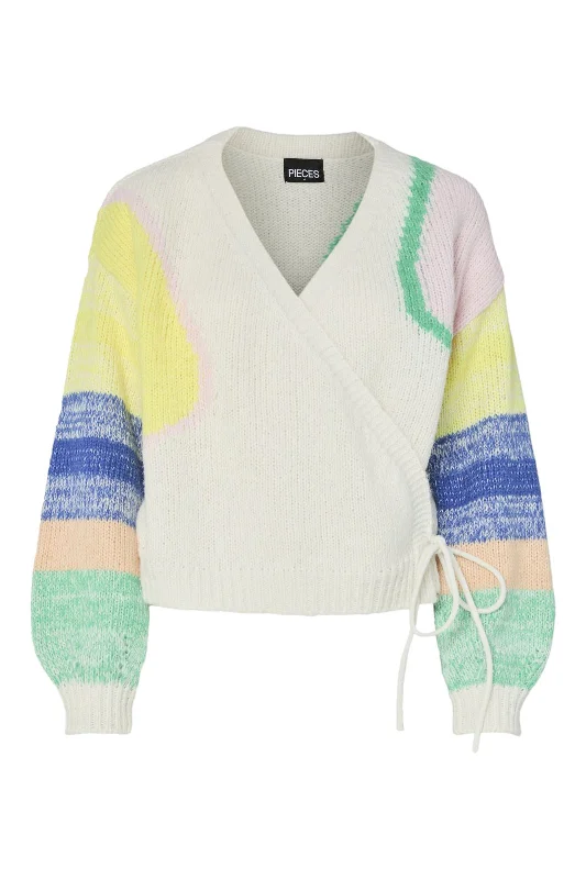 Stand-up collar design Pieces - Pcselja Ls Wrap Knit Cardigan - 4699796 Cloud Dancer Colorfull Pattern