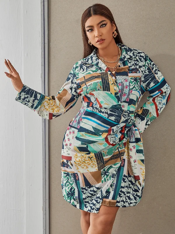Comfortable And Cold-proof Casual Patchwork Knot Long Sleeve Collar Asymmetrical Natural Short Plus Size Dress