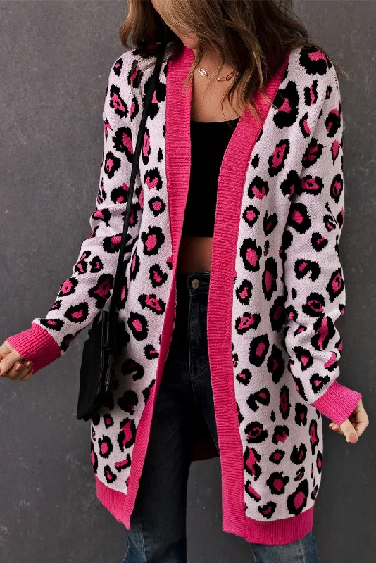 Street Show-off Style Leopard Contrast Trim Open Front Longline Cardigan