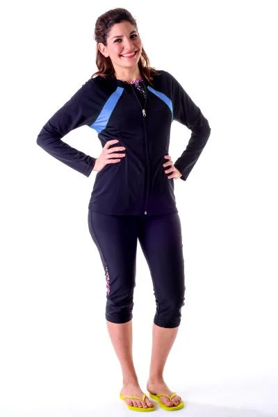 Designer Style Easy On and Off Full Zippered Athletic Swim Top - Chlorine Proof
