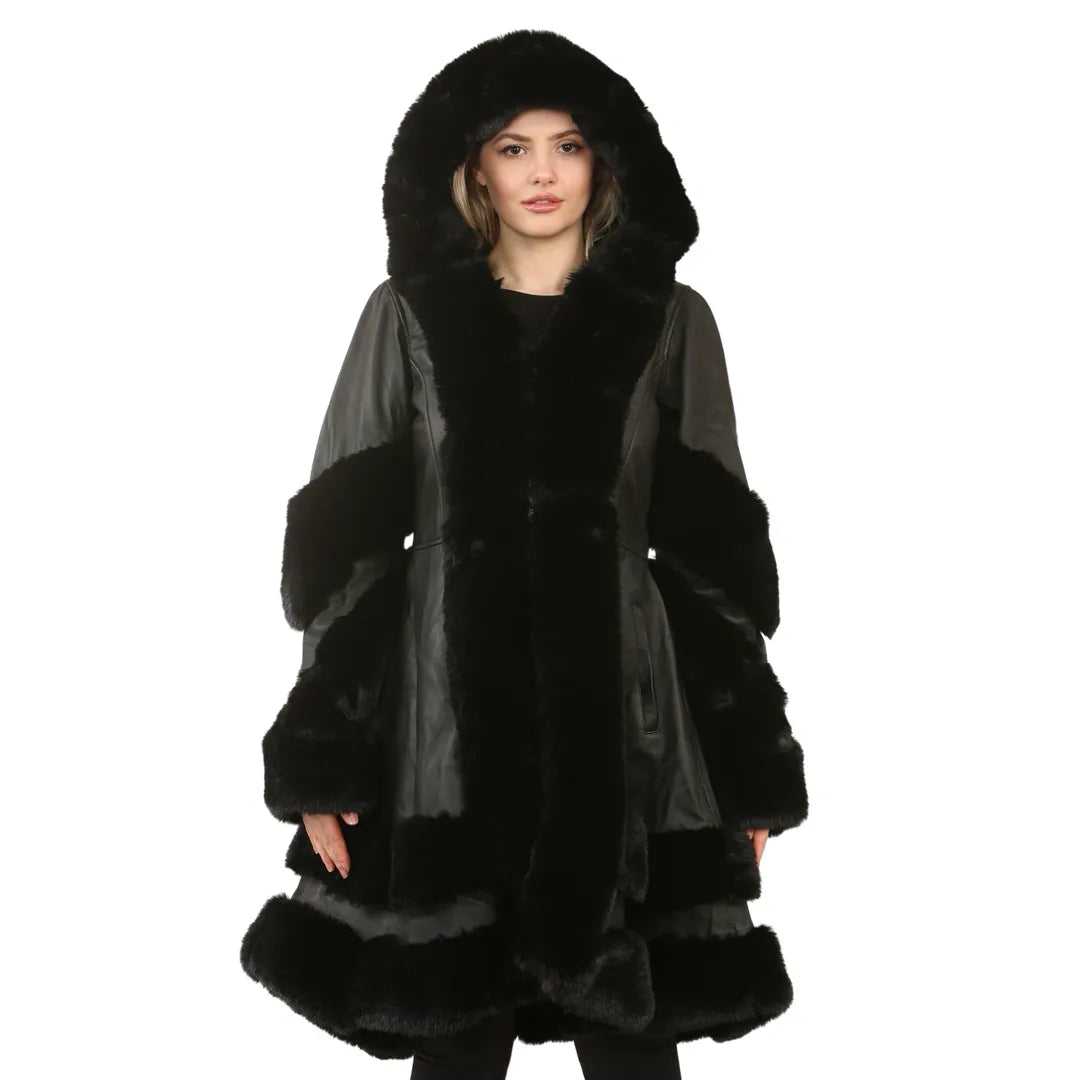 Fresh And Elegant Women's Black Flared Hooded Leather Cape Coat