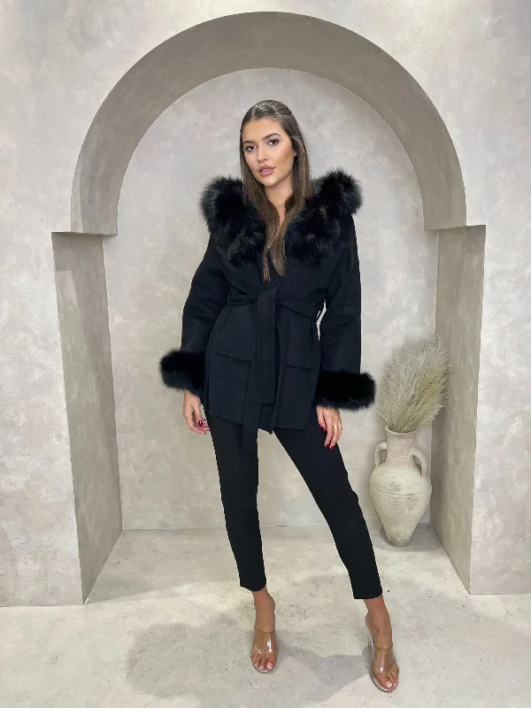Goddess Outfit Black/Black Cashmere Coat With Fox Fur Trim